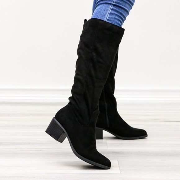 Pointy Toe Below The Knee Black Boots Faux Suede - Picture 10 of 11